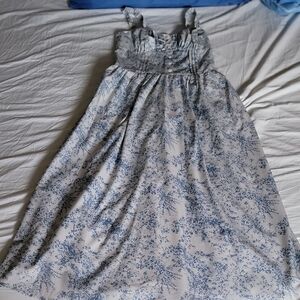 Blue and White Smocked Midi Sundress